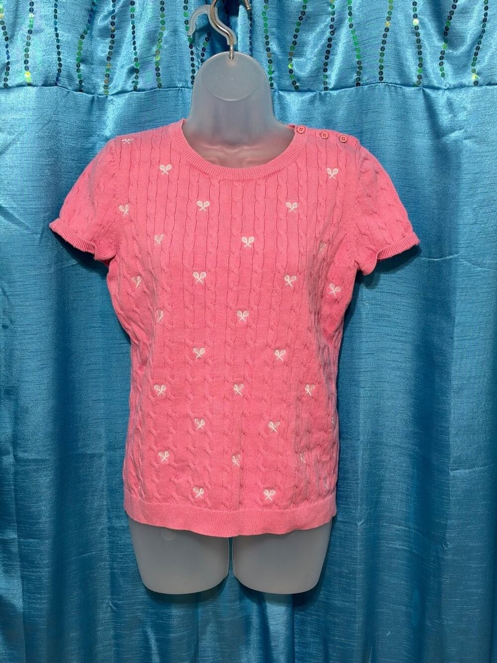 Talbots Petites Cable Knit Sweater Womens MP Pink Tennis Rackets Short Sleeve